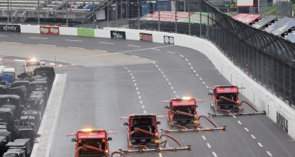 MARTINSVILLE, VIRGINIA - APRIL 10: The NASCAR Track Drying Team works to dry the track prior to the NASCAR Cup Series Blue-Emu Maximum Pain Relief 500 at Martinsville Speedway on April 10, 2021 in Martinsville, Virginia. (Photo by James Gilbert/Getty Images) | Getty Images