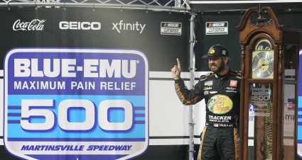 MARTINSVILLE, VIRGINIA - APRIL 11: Martin Truex Jr., driver of the #19 Bass Pro Toyota, celebrates in victory lane after winning  the NASCAR Cup Series Blue-Emu Maximum Pain Relief 500 at Martinsville Speedway on April 11, 2021 in Martinsville, Virginia. (Photo by James Gilbert/Getty Images) | Getty Images