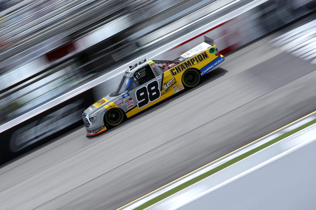 RICHMOND, VIRGINIA - APRIL 17: Grant Enfinger, driver of the #98 Champion/Camping World/Curb Records Toyota, drives during the NASCAR Camping World Truck Series ToyotaCare 250 at Richmond Raceway on April 17, 2021 in Richmond, Virginia. (Photo by Sean Gardner/Getty Images) | Getty Images