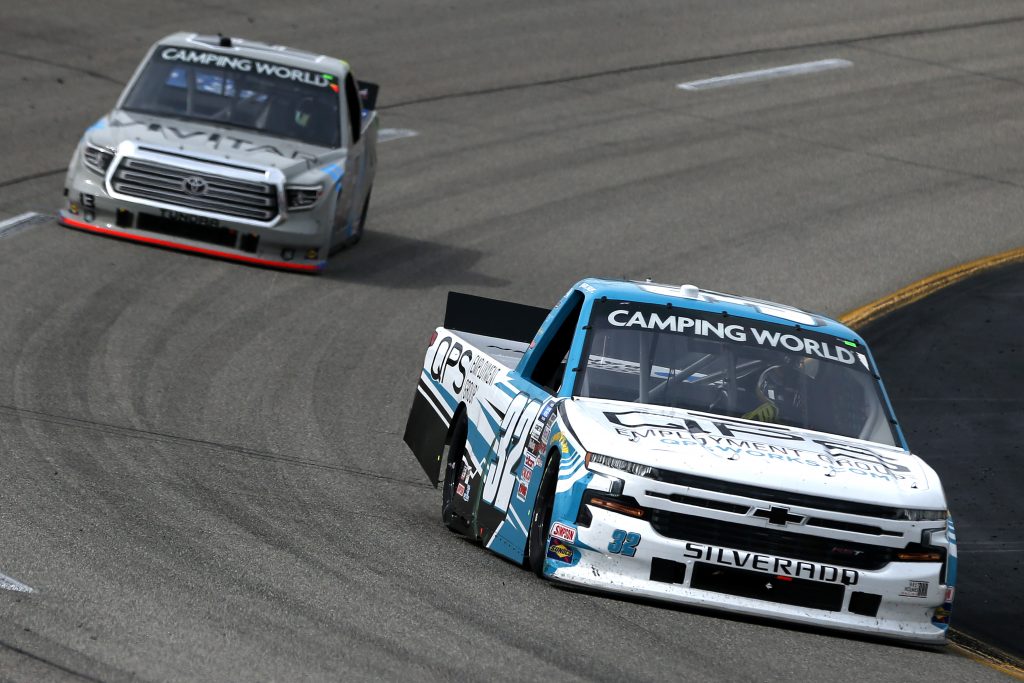 RICHMOND, VIRGINIA - APRIL 17: Sam Mayer, driver of the #32 QPS Employment Group Chevrolet, drives during the NASCAR Camping World Truck Series ToyotaCare 250 at Richmond Raceway on April 17, 2021 in Richmond, Virginia. (Photo by Brian Lawdermilk/Getty Images) | Getty Images