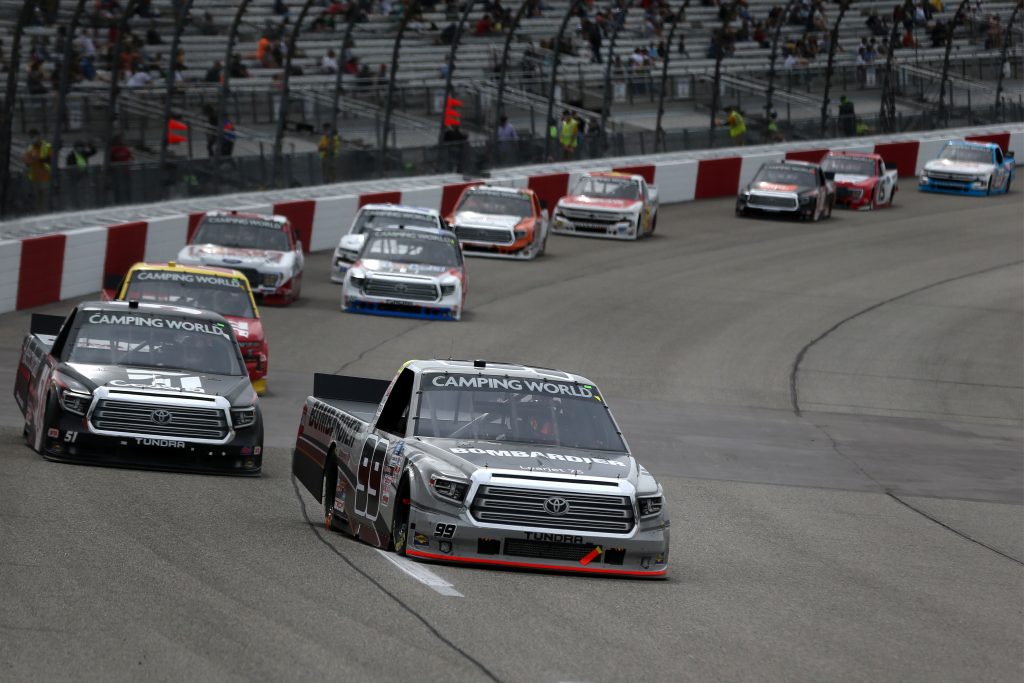 RICHMOND, VIRGINIA - APRIL 17: Ben Rhodes, driver of the #99 Bombardier Toyota, leads the field during the NASCAR Camping World Truck Series ToyotaCare 250 at Richmond Raceway on April 17, 2021 in Richmond, Virginia. (Photo by Brian Lawdermilk/Getty Images) | Getty Images