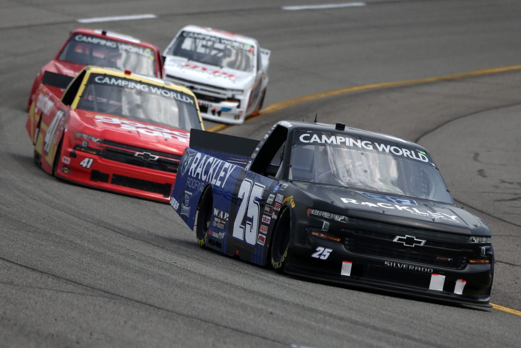 RICHMOND, VIRGINIA - APRIL 17: Timothy Peters, driver of the #25 Rackley Roofing Chevrolet, drives during the NASCAR Camping World Truck Series ToyotaCare 250 at Richmond Raceway on April 17, 2021 in Richmond, Virginia. (Photo by Brian Lawdermilk/Getty Images) | Getty Images