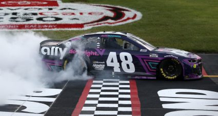 RICHMOND, VIRGINIA - APRIL 18: Alex Bowman, driver of the #48 Ally Chevrolet, celebrates with a burnout after winning the NASCAR Cup Series Toyota Owners 400 at Richmond Raceway on April 18, 2021 in Richmond, Virginia. (Photo by Brian Lawdermilk/Getty Images) | Getty Images