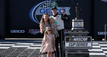 TALLADEGA, ALABAMA - APRIL 25: Brad Keselowski, driver of the #2 MoneyLion Ford, celebrates with his wife Paige and daughters Autumn and Scarlett in victory lane after winning the NASCAR Cup Series  GEICO 500 at Talladega Superspeedway on April 25, 2021 in Talladega, Alabama. (Photo by Sean Gardner/Getty Images) | Getty Images