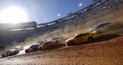 BRISTOL, TENNESSEE - MARCH 29: Denny Hamlin, driver of the #11 FedEx Freight Toyota, leads a pack of cars during the NASCAR Cup Series Food City Dirt Race at Bristol Motor Speedway on March 29, 2021 in Bristol, Tennessee. (Photo by Chris Graythen/Getty Images) | Getty Images