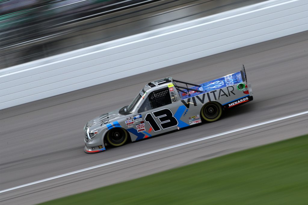 KANSAS CITY, KANSAS - MAY 01: Johnny Sauter, driver of the #13 Vivitar/RealTree Toyota, drives during the NASCAR Camping World Truck Series Wise Power 200 at Kansas Speedway on May 01, 2021 in Kansas City, Kansas. (Photo by Sean Gardner/Getty Images) | Getty Images