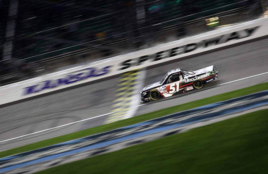 KANSAS CITY, KANSAS - MAY 01: Kyle Busch, driver of the #51 Cessna Toyota, crosses the finish line to win the NASCAR Camping World Truck Series Wise Power 200 at Kansas Speedway on May 01, 2021 in Kansas City, Kansas. (Photo by Sean Gardner/Getty Images) | Getty Images
