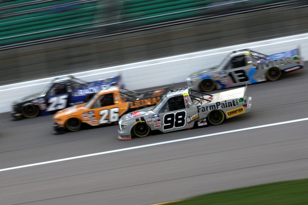 KANSAS CITY, KANSAS - MAY 01: Christian Eckes, driver of the #98 FarmPaint.com Toyota, drives during the NASCAR Camping World Truck Series Wise Power 200 at Kansas Speedway on May 01, 2021 in Kansas City, Kansas. (Photo by Sean Gardner/Getty Images) | Getty Images