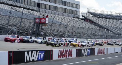 DOVER, DELAWARE - AUGUST 23: Brett Moffitt, driver of the #02 Robert B Our Inc Chevrolet, and Ryan Sieg, driver of the #39 CMRRoofing.com Chevrolet, lead the field to start the NASCAR Xfinity Series Drydene 200 at Dover International Speedway on August 23, 2020 in Dover, Delaware. (Photo by Jared C. Tilton/Getty Images) | Getty Images