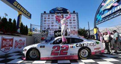 DOVER, DELAWARE - MAY 15: Austin Cindric, driver of the #22 Car Shop Ford, celebrates his win in Victory Lane during the NASCAR Xfinity Series Drydene 200 race at Dover International Speedway on May 15, 2021 in Dover, Delaware. (Photo by Sean Gardner/Getty Images) | Getty Images