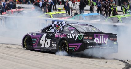 DOVER, DELAWARE - MAY 16: Alex Bowman, driver of the #48 Ally Chevrolet, does a burnout after winning the NASCAR Cup Series Drydene 400 at Dover International Speedway on May 16, 2021 in Dover, Delaware. (Photo by James Gilbert/Getty Images) | Getty Images