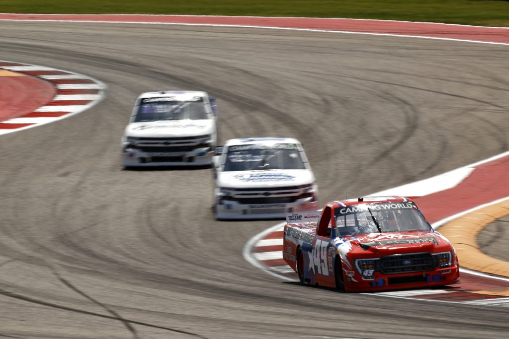 AUSTIN, TEXAS - MAY 21: John Atwell, driver of the #49 Multi Building Incorporated Ford, leads the field during practice for the NASCAR Camping World Truck Series Toyota Tundra 225 at Circuit of The Americas on May 21, 2021 in Austin, Texas. (Photo by Jared C. Tilton/Getty Images) | Getty Images