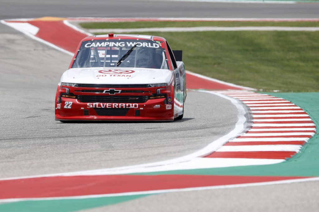 AUSTIN, TEXAS - MAY 21: Austin Wayne Self, driver of the #22 GOTEXAN/AM Technical Solutions Chevrolet, drives during practice for the NASCAR Camping World Truck Series Toyota Tundra 225 on May 21, 2021 in Austin, Texas. (Photo by Chris Graythen/Getty Images) | Getty Images