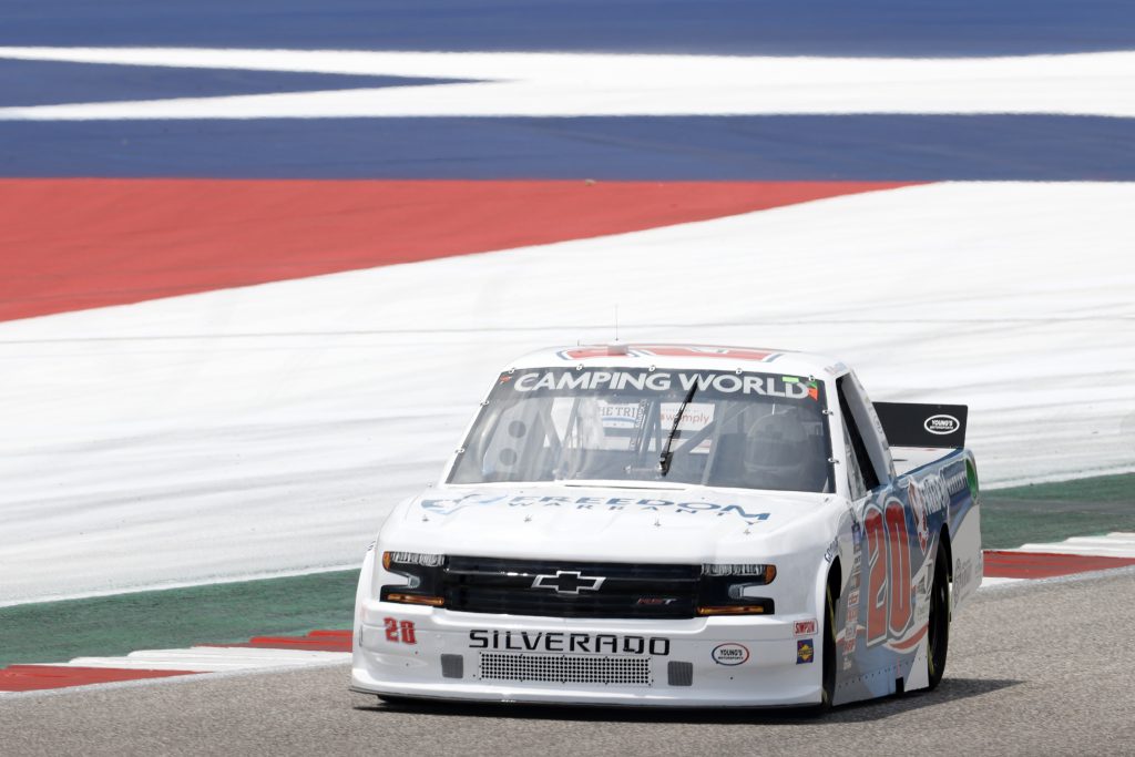 AUSTIN, TEXAS - MAY 21: Spencer Boyd, driver of the #20 Freedom Warranty Chevrolet, drives during practice for the NASCAR Camping World Truck Series Toyota Tundra 225 on May 21, 2021 in Austin, Texas. (Photo by Chris Graythen/Getty Images) | Getty Images