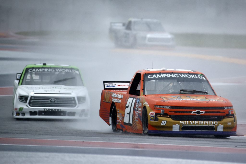 AUSTIN, TEXAS - MAY 22: Zane Smith, driver of the #21 MRC Construction Chevrolet, leads the field during qualifying for the NASCAR Camping World Truck Series Toyota Tundra 225 Qualifying at Circuit of The Americas on May 22, 2021 in Austin, Texas. (Photo by Jared C. Tilton/Getty Images) | Getty Images