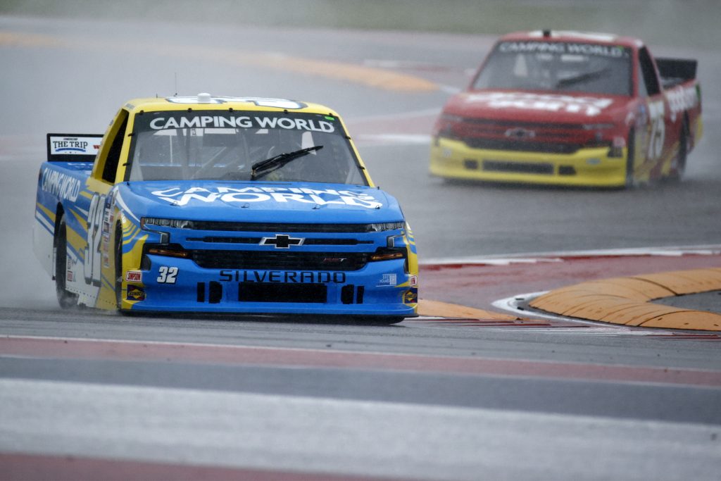 AUSTIN, TEXAS - MAY 22: Sam Mayer, driver of the #32 Camping World Chevrolet, and Parker Kligerman, driver of the #75 Good Sam Club Chevrolet, race during qualifying for the NASCAR Camping World Truck Series Toyota Tundra 225 Qualifying at Circuit of The Americas on May 22, 2021 in Austin, Texas. (Photo by Jared C. Tilton/Getty Images) | Getty Images
