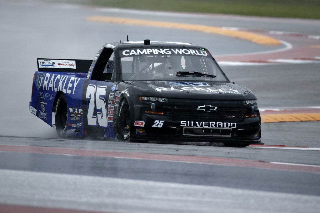 AUSTIN, TEXAS - MAY 22: Timothy Peters, driver of the #25 Rackley Roofing Chevrolet, drives during qualifying for the NASCAR Camping World Truck Series Toyota Tundra 225 Qualifying at Circuit of The Americas on May 22, 2021 in Austin, Texas. (Photo by Jared C. Tilton/Getty Images) | Getty Images