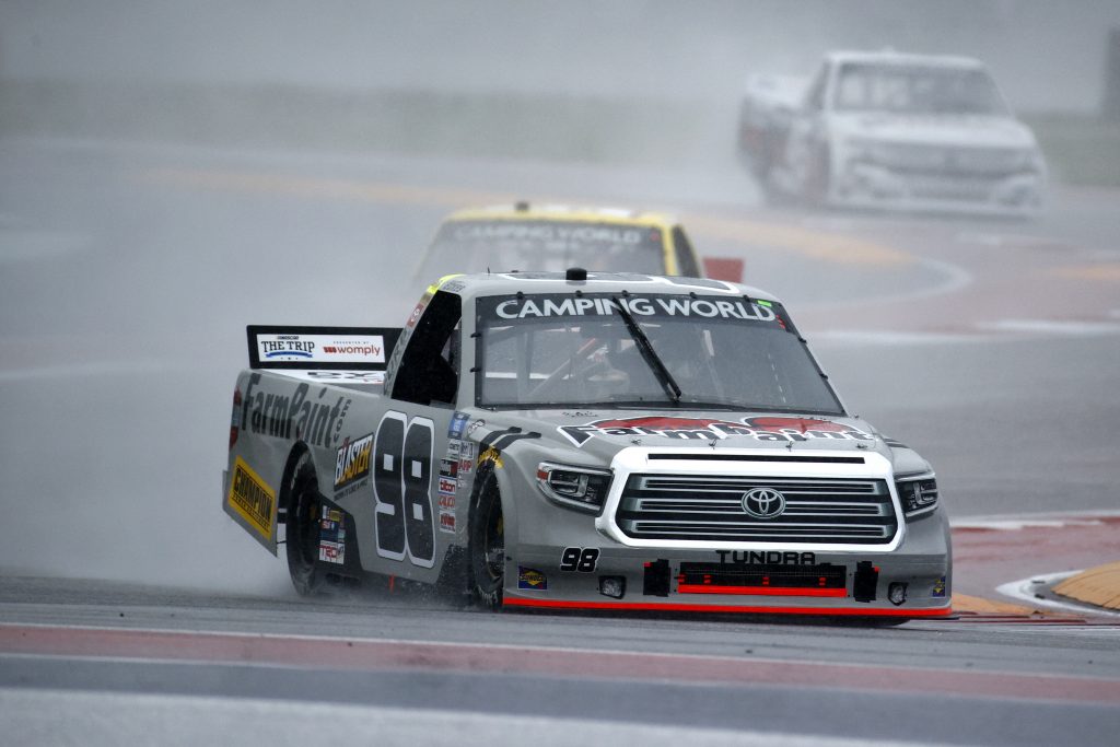 AUSTIN, TEXAS - MAY 22: Christian Eckes, driver of the #98 Farm Paint/Curb Records Toyota, drives during qualifying for the NASCAR Camping World Truck Series Toyota Tundra 225 Qualifying at Circuit of The Americas on May 22, 2021 in Austin, Texas. (Photo by Jared C. Tilton/Getty Images) | Getty Images