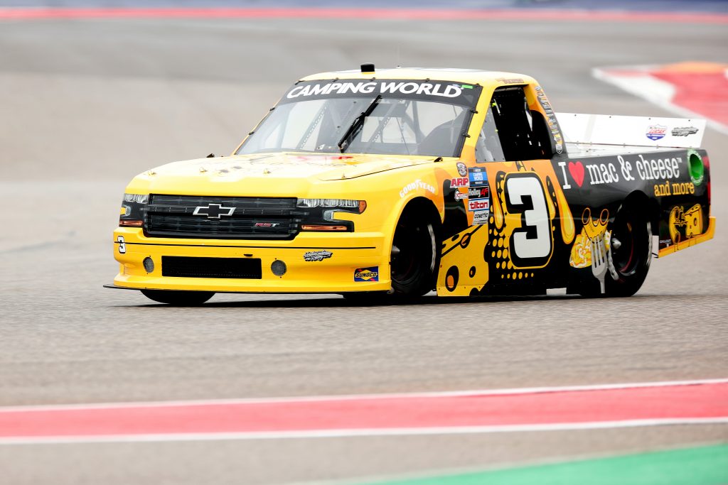 AUSTIN, TEXAS - MAY 22: Roger Reuse, driver of the #3 I Heart Mac & Cheese Chevrolet, drives during the NASCAR Camping World Truck Series Toyota Tundra 225 at Circuit of The Americas on May 22, 2021 in Austin, Texas. (Photo by Carmen Mandato/Getty Images) | Getty Images