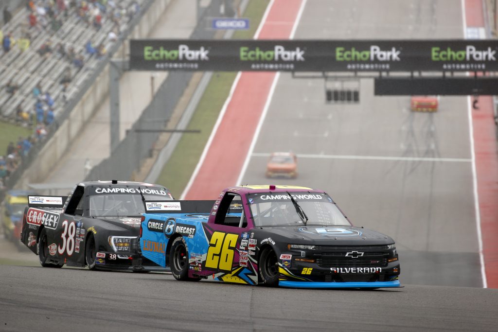 AUSTIN, TEXAS - MAY 22: Tyler Ankrum, driver of the #26 Circle B Diecast Chevrolet, and Todd Gilliland, driver of the #38 Crosley Brands Ford, race during the NASCAR Camping World Truck Series Toyota Tundra 225 at Circuit of The Americas on May 22, 2021 in Austin, Texas. (Photo by Jared C. Tilton/Getty Images) | Getty Images