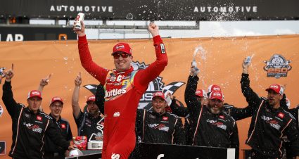 AUSTIN, TEXAS - MAY 22: Kyle Busch, driver of the #54 Skittles Gummies Toyota, celebrates in victory lane after winning the NASCAR Xfinity Series Pit Boss 250 at Circuit of The Americas on May 22, 2021 in Austin, Texas. (Photo by Chris Graythen/Getty Images) | Getty Images