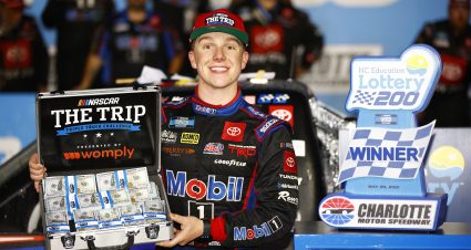 CONCORD, NORTH CAROLINA - MAY 28: John Hunter Nemechek, driver of the #4 Mobil 1 Toyota, celebrates in victory lane after winning the NASCAR Camping World Truck Series North Carolina Education Lottery 200 at Charlotte Motor Speedway on May 28, 2021 in Concord, North Carolina. (Photo by Jared C. Tilton/Getty Images) | Getty Images