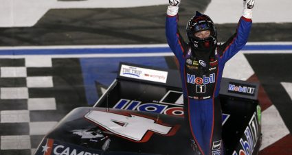 CONCORD, NORTH CAROLINA - MAY 28: John Hunter Nemechek, driver of the #4 Mobil 1 Toyota, celebrates after winning the NASCAR Camping World Truck Series North Carolina Education Lottery 200 at Charlotte Motor Speedway on May 28, 2021 in Concord, North Carolina. (Photo by Brian Lawdermilk/Getty Images) | Getty Images