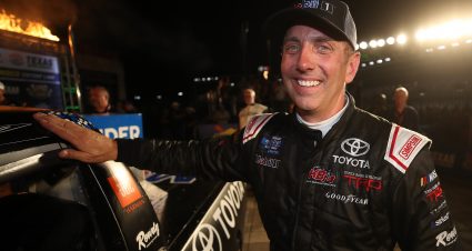 FORT WORTH, TEXAS - JUNE 07: Greg Biffle, driver of the #51 Toyota Toyota, celebrates in Victory Lane by putting the Winner's Sticker on his car after winning the NASCAR Gander Outdoors Truck Series SpeedyCash.com 400 at Texas Motor Speedway on June 07, 2019 in Fort Worth, Texas. (Photo by Chris Graythen/Getty Images) | Getty Images