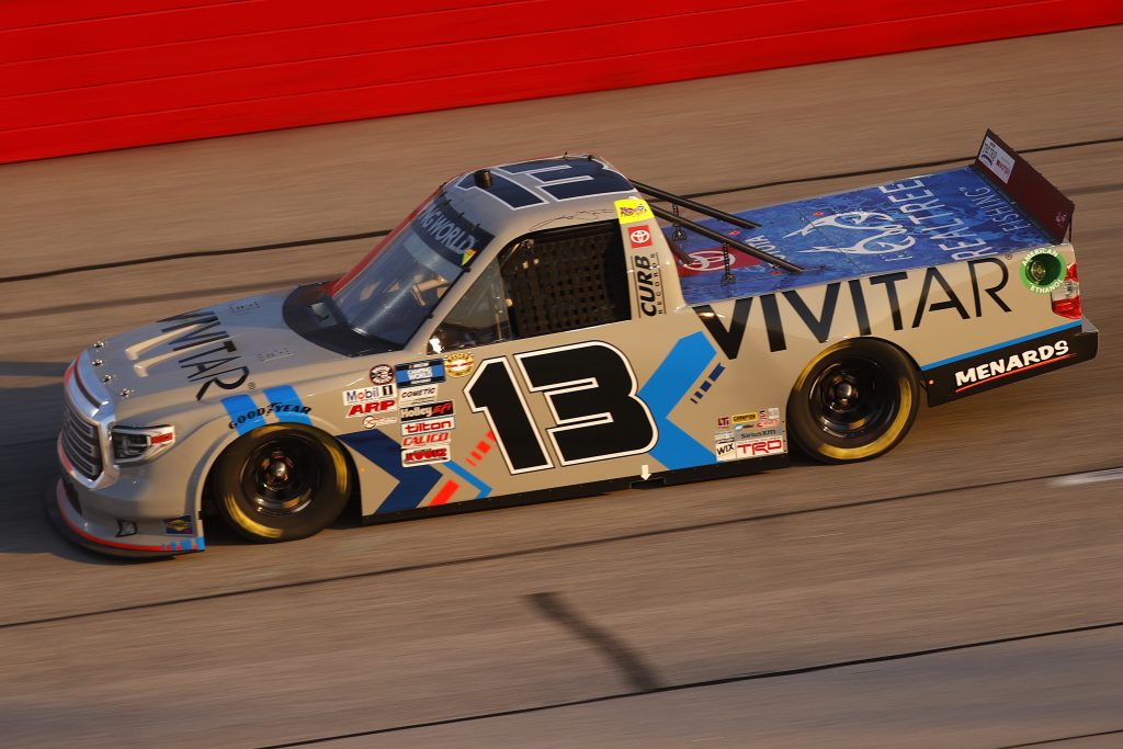 DARLINGTON, SOUTH CAROLINA - MAY 07: Johnny Sauter, driver of the #13 Vivitar/RealTree Toyota, drives during the NASCAR Camping World Truck Series LiftKits4Less.com 200 at Darlington Raceway on May 07, 2021 in Darlington, South Carolina. (Photo by Chris Graythen/Getty Images) | Getty Images