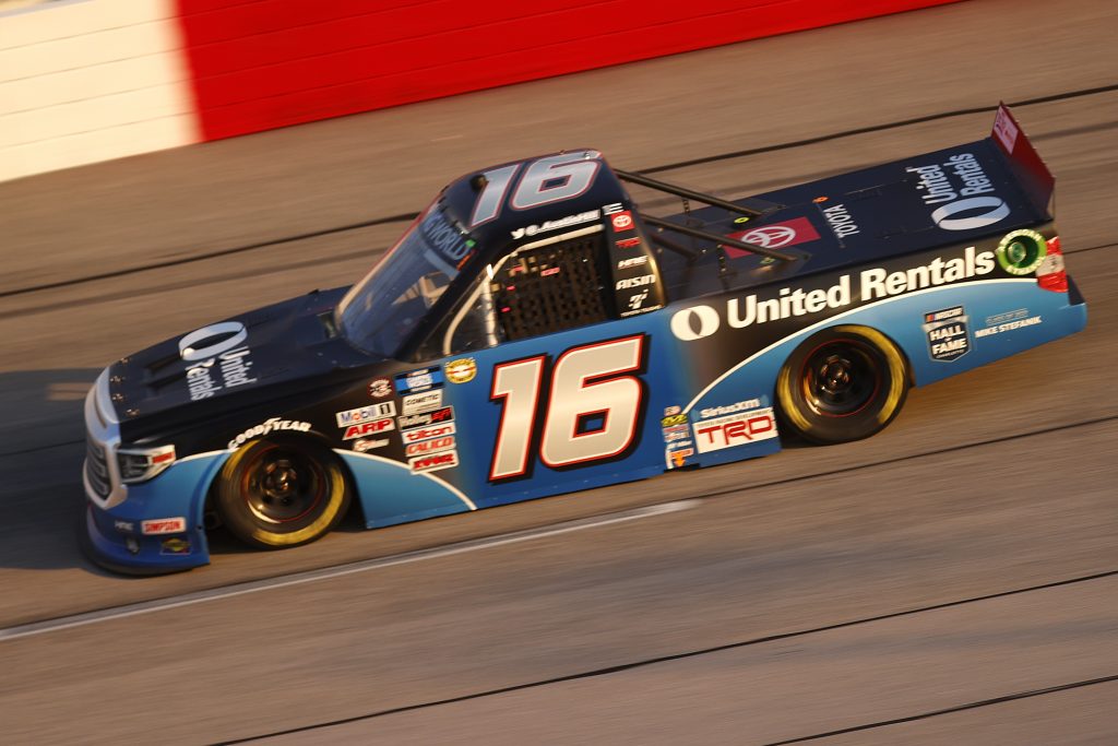 DARLINGTON, SOUTH CAROLINA - MAY 07: Austin Hill, driver of the #16 United Rentals Toyota, drives during the NASCAR Camping World Truck Series LiftKits4Less.com 200 at Darlington Raceway on May 07, 2021 in Darlington, South Carolina. (Photo by Chris Graythen/Getty Images) | Getty Images