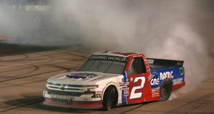 DARLINGTON, SOUTH CAROLINA - MAY 07: Sheldon Creed, driver of the #2 GMS Racing Chevrolet, celebrates with a burnout after winning the NASCAR Camping World Truck Series LiftKits4Less.com 200 at Darlington Raceway on May 07, 2021 in Darlington, South Carolina. (Photo by Sean Gardner/Getty Images) | Getty Images
