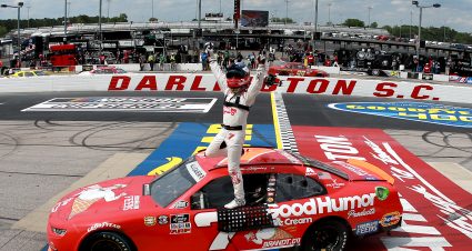DARLINGTON, SOUTH CAROLINA - MAY 08: Justin Allgaier, driver of the #7 Good Humor Ice Cream Chevrolet, celebrates after winning  the NASCAR Xfinity Series Steakhouse Elite 200 at Darlington Raceway on May 08, 2021 in Darlington, South Carolina. (Photo by Sean Gardner/Getty Images) | Getty Images