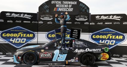 DARLINGTON, SOUTH CAROLINA - MAY 09: Martin Truex Jr., driver of the #19 Auto-Owners Insurance Toyota, celebrates in victory lane after winning the NASCAR Cup Series Goodyear 400 at Darlington Raceway on May 09, 2021 in Darlington, South Carolina. (Photo by Chris Graythen/Getty Images) | Getty Images
