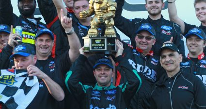 DOVER, DE - MAY 03:  Johnny Sauter, driver of the #13 Tenda Heal Ford, celebrates in Victory Lane after winning the NASCAR Gander Outdoors Truck Series JEGS 200 at Dover International Speedway on May 3, 2019 in Dover, Delaware.  (Photo by Matt Sullivan/Getty Images) | Getty Images