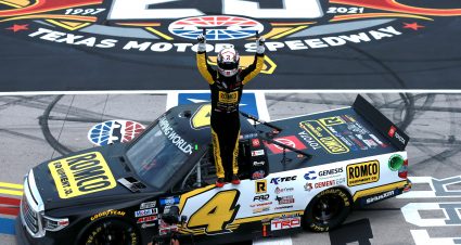 FORT WORTH, TEXAS - JUNE 12: John Hunter Nemechek, driver of the #4 ROMCO Toyota, celebrates after winning the NASCAR Camping World Truck Series SpeedyCash.com 220 at Texas Motor Speedway on June 12, 2021 in Fort Worth, Texas. (Photo by Sean Gardner/Getty Images) | Getty Images