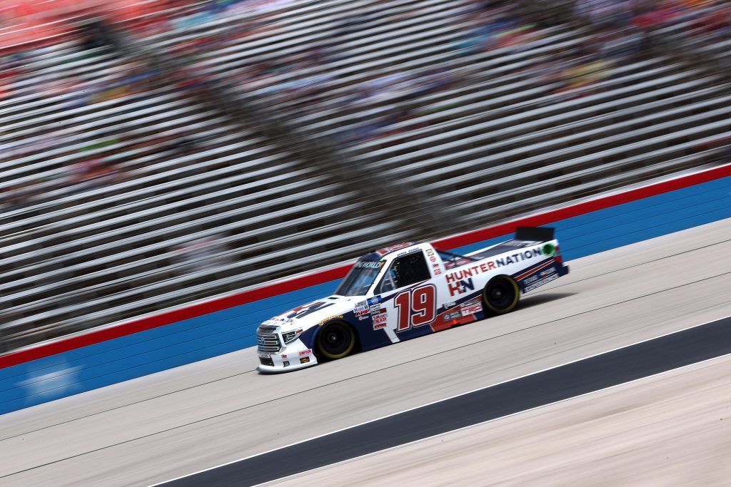 FORT WORTH, TEXAS - JUNE 12: Derek Kraus, driver of the #19 HunterNation Toyota, drives during the NASCAR Camping World Truck Series SpeedyCash.com 220 at Texas Motor Speedway on June 12, 2021 in Fort Worth, Texas. (Photo by Carmen Mandato/Getty Images) | Getty Images