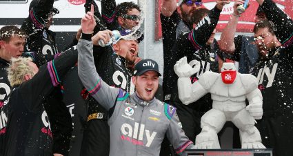 DOVER, DELAWARE - MAY 16: Alex Bowman, driver of the #48 Ally Chevrolet, celebrates his win during the NASCAR Cup Series Drydene 400 at Dover International Speedway on May 16, 2021 in Dover, Delaware. (Photo by Sean Gardner/Getty Images) | Getty Images
