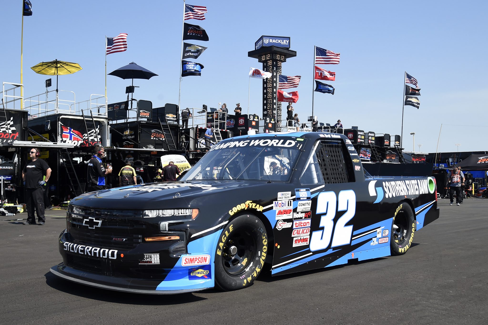 LEBANON, TENNESSEE - JUNE 18: Bret Holmes, driver of the #32 Southern States Bank Chevrolet, drives in the garage area during practice for the NASCAR Camping World Truck Series Rackley Roofing 200 at Nashville Superspeedway on June 18, 2021 in Lebanon, Tennessee. (Photo by Logan Riely/Getty Images) | Getty Images