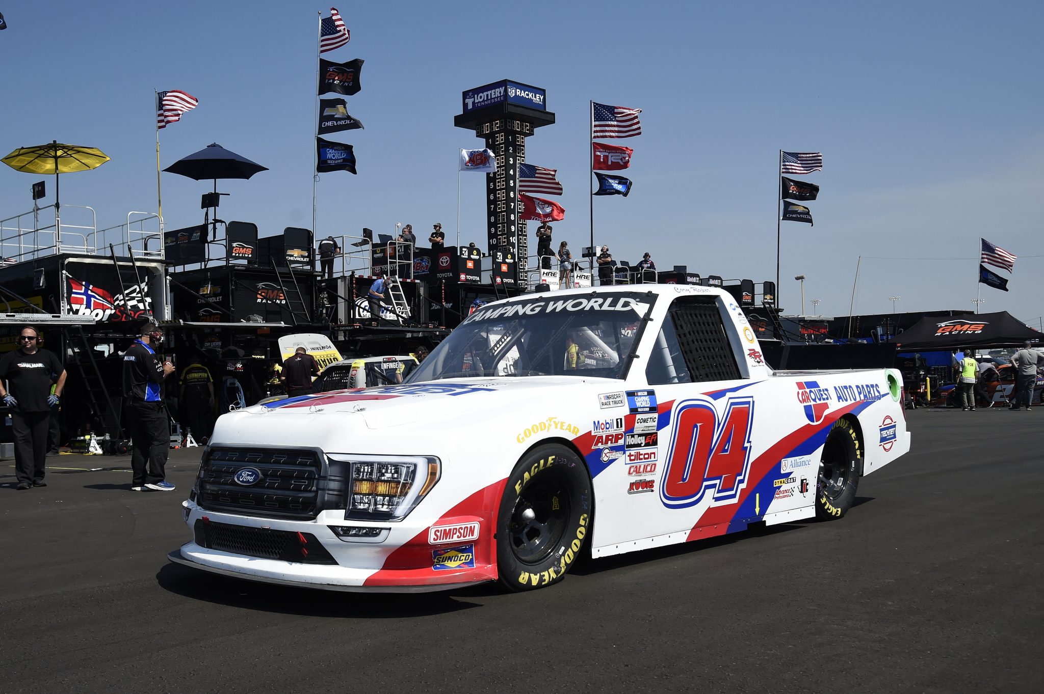 LEBANON, TENNESSEE - JUNE 18: Cory Roper, driver of the #04 CarQuest Auto Parts Ford, drives in the garage area during practice for the NASCAR Camping World Truck Series Rackley Roofing 200 at Nashville Superspeedway on June 18, 2021 in Lebanon, Tennessee. (Photo by Logan Riely/Getty Images) | Getty Images