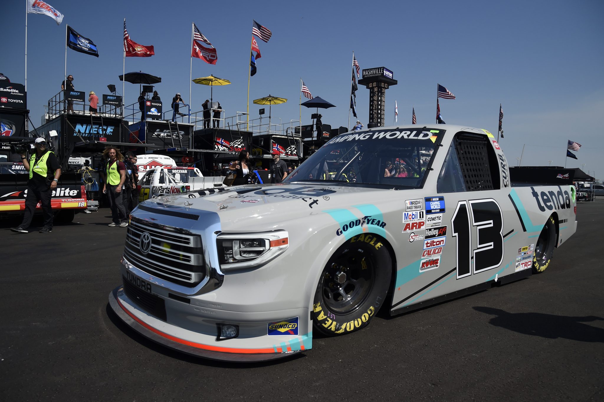 LEBANON, TENNESSEE - JUNE 18: Johnny Sauter, driver of the #13 Tenda Equine & Pet Care Products Toyota, drives in the garage area during practice for the NASCAR Camping World Truck Series Rackley Roofing 200 at Nashville Superspeedway on June 18, 2021 in Lebanon, Tennessee. (Photo by Logan Riely/Getty Images) | Getty Images