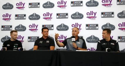 LEBANON, TENNESSEE - JUNE 18: (L-R) Justin Haley, driver of the #11 LeafFilter Gutter Protection Chevrolet, Matt Kaulig, owner of Kaulig Racing, Chris Rice, president of Kaulig Racing and AJ Allmendinger, driver of the #16 Hyperice Chevrolet announce that Kaulig Racing will race full time in the NASCAR Cup Series season in 2022, during a press conference prior to practice for the NASCAR Xfinity Series Tennessee Lottery 250 at Nashville Superspeedway on June 18, 2021 in Lebanon, Tennessee. (Photo by Jared C. Tilton/Getty Images) | Getty Images
