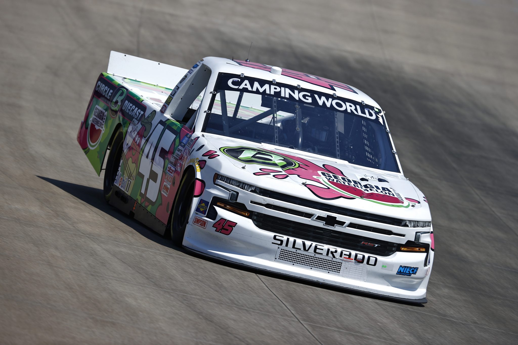 LEBANON, TENNESSEE - JUNE 18: Ross Chastain, driver of the #45 GA Watermelon/Circle B Diecast Chevrolet, drives during practice for the NASCAR Camping World Truck Series Rackley Roofing 200 at Nashville Superspeedway on June 18, 2021 in Lebanon, Tennessee. (Photo by Jared C. Tilton/Getty Images) | Getty Images