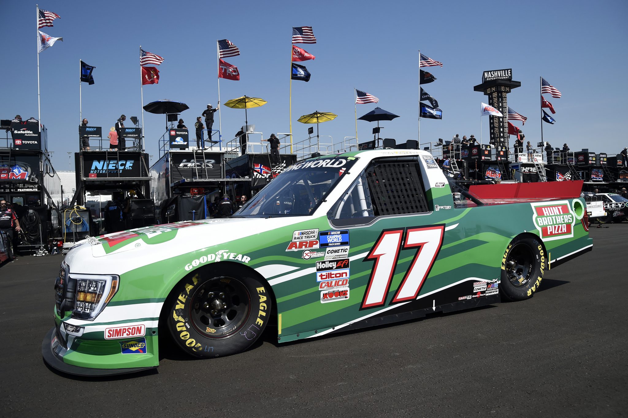 LEBANON, TENNESSEE - JUNE 18: Ryan Preece, driver of the #17 Hunt Brothers Pizza Ford, drives in the garage area during practice for the NASCAR Camping World Truck Series Rackley Roofing 200 at Nashville Superspeedway on June 18, 2021 in Lebanon, Tennessee. (Photo by Logan Riely/Getty Images) | Getty Images
