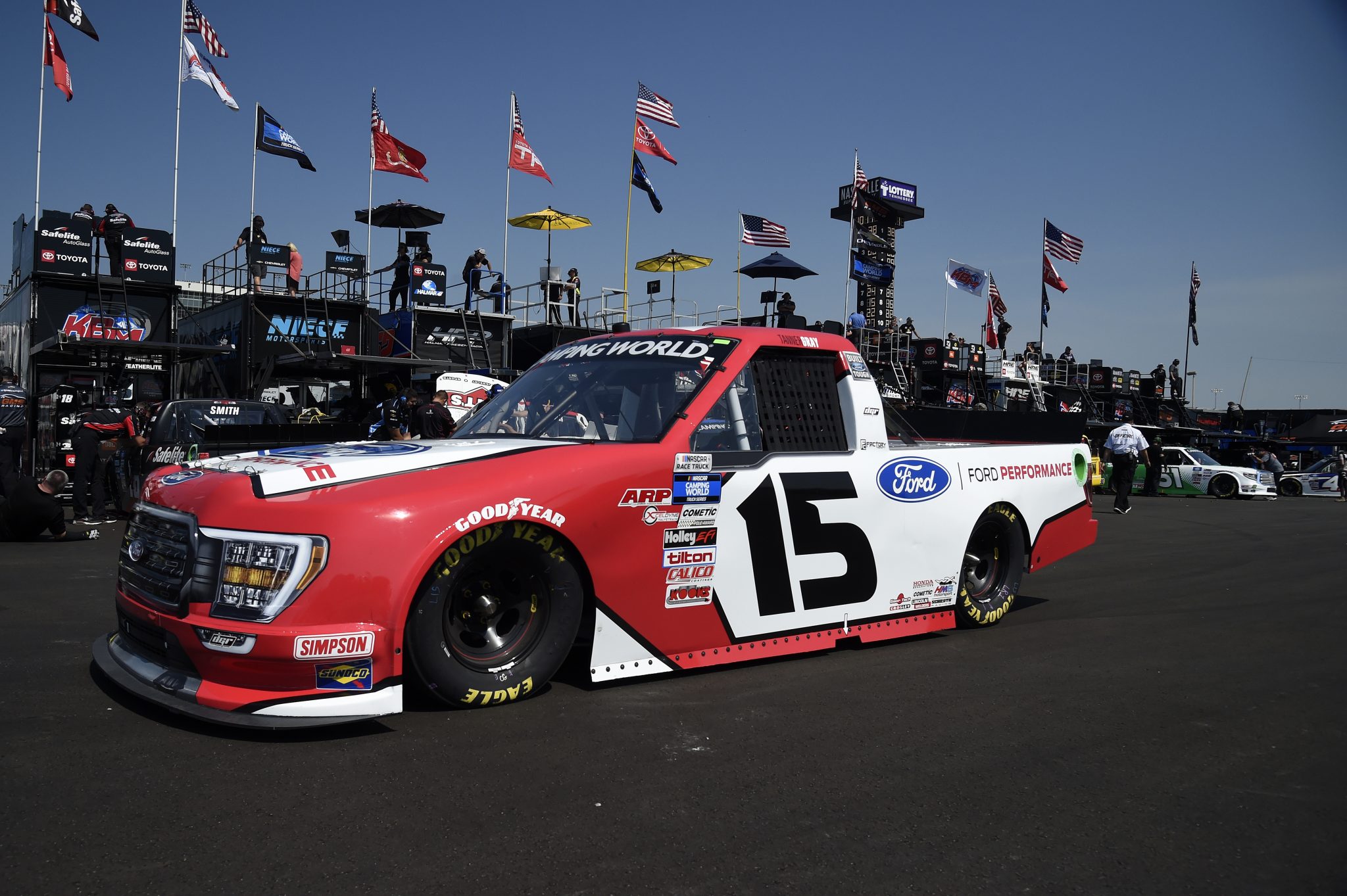 LEBANON, TENNESSEE - JUNE 18: Tanner Gray, driver of the #15 Ford Performance Ford, drives in the garage area during practice for the NASCAR Camping World Truck Series Rackley Roofing 200 at Nashville Superspeedway on June 18, 2021 in Lebanon, Tennessee. (Photo by Logan Riely/Getty Images) | Getty Images