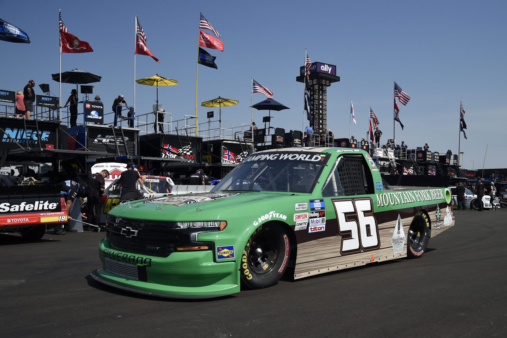 LEBANON, TENNESSEE - JUNE 18: Timmy Hill, driver of the #56 Mountain Fork Brewery Chevrolet, drives in the garage area during practice for the NASCAR Camping World Truck Series Rackley Roofing 200 at Nashville Superspeedway on June 18, 2021 in Lebanon, Tennessee. (Photo by Logan Riely/Getty Images) | Getty Images