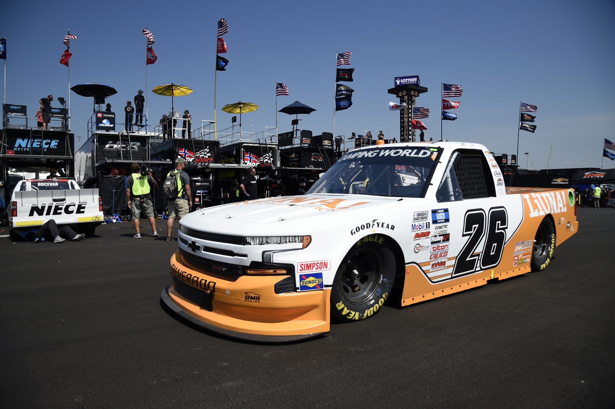 LEBANON, TENNESSEE - JUNE 18: Tyler Ankrum, driver of the #26 LiUNA! Chevrolet, drives in the garage area during practice for the NASCAR Camping World Truck Series Rackley Roofing 200 at Nashville Superspeedway on June 18, 2021 in Lebanon, Tennessee. (Photo by Logan Riely/Getty Images) | Getty Images