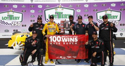LEBANON, TENNESSEE - JUNE 19: Kyle Busch, driver of the #54 M&M's Toyota, and crew celebrate Kyle's 100th win in victory lane after winning the NASCAR Xfinity Series Tennessee Lottery 250 at Nashville Superspeedway on June 19, 2021 in Lebanon, Tennessee. (Photo by Jared C. Tilton/Getty Images) | Getty Images