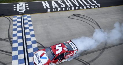 LEBANON, TENNESSEE - JUNE 20: Kyle Larson, driver of the #5 Valvoline Chevrolet, celebrates with a burnout after winning the NASCAR Cup Series Ally 400 at Nashville Superspeedway on June 20, 2021 in Lebanon, Tennessee. (Photo by Logan Riely/Getty Images) | Getty Images