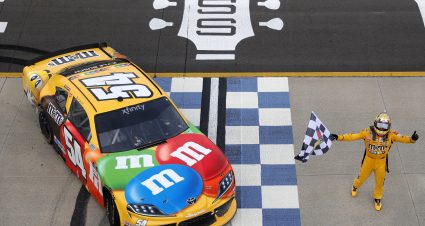 LEBANON, TENNESSEE - JUNE 19: Kyle Busch, driver of the #54 M&M's Toyota, celebrates with the checkered flag after winning the NASCAR Xfinity Series Tennessee Lottery 250 at Nashville Superspeedway on June 19, 2021 in Lebanon, Tennessee. (Photo by Sarah Stier/Getty Images) | Getty Images