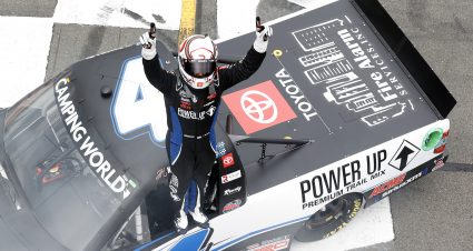 LONG POND, PENNSYLVANIA - JUNE 26: John Hunter Nemechek, driver of the #4 Power Up Premium Trail Mix Toyota, celebrates after winning the NASCAR Camping World Truck Series CRC Brakleen 150 at Pocono Raceway on June 26, 2021 in Long Pond, Pennsylvania. (Photo by Tim Nwachukwu/Getty Images) | Getty Images